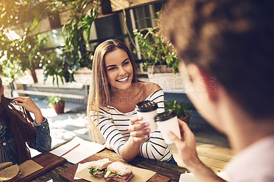 Buy stock photo Shot of creative employees toasting with coffee cups outside