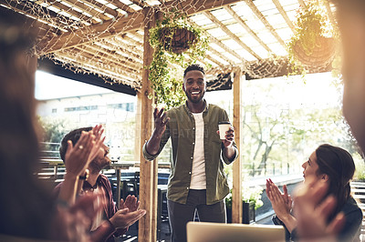 Buy stock photo Black man, cafe and presentation with applause for meeting, thank you or creative discussion. Young African, male person or group of employees clapping for promotion or team building at coffee shop