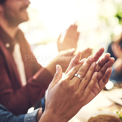 Buy stock photo Business people, hands and meeting with applause for congratulations, well done or thank you at cafe. Closeup of employees clapping for teamwork, celebration or collaboration together at coffee shop