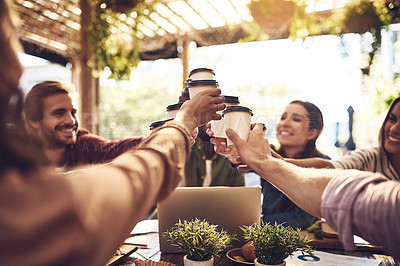 Buy stock photo Team building, cheers and people with coffee in a meeting or discussion for a creative project in a cafe. Diversity, collaboration and professional employees with a latte for a toast in a restaurant.