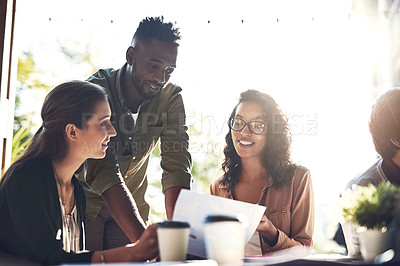 Buy stock photo Cafe, business meeting and people with documents for planning, idea and sharing strategy. Coffee shop, proposal and creative person team collaboration on design, development or brainstorming solution