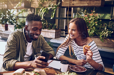 Buy stock photo Restaurant, happy and friends laugh with phone for social media, mobile app and online website. Coffee shop, communication and black man and woman bonding on smartphone for meme, humor and internet