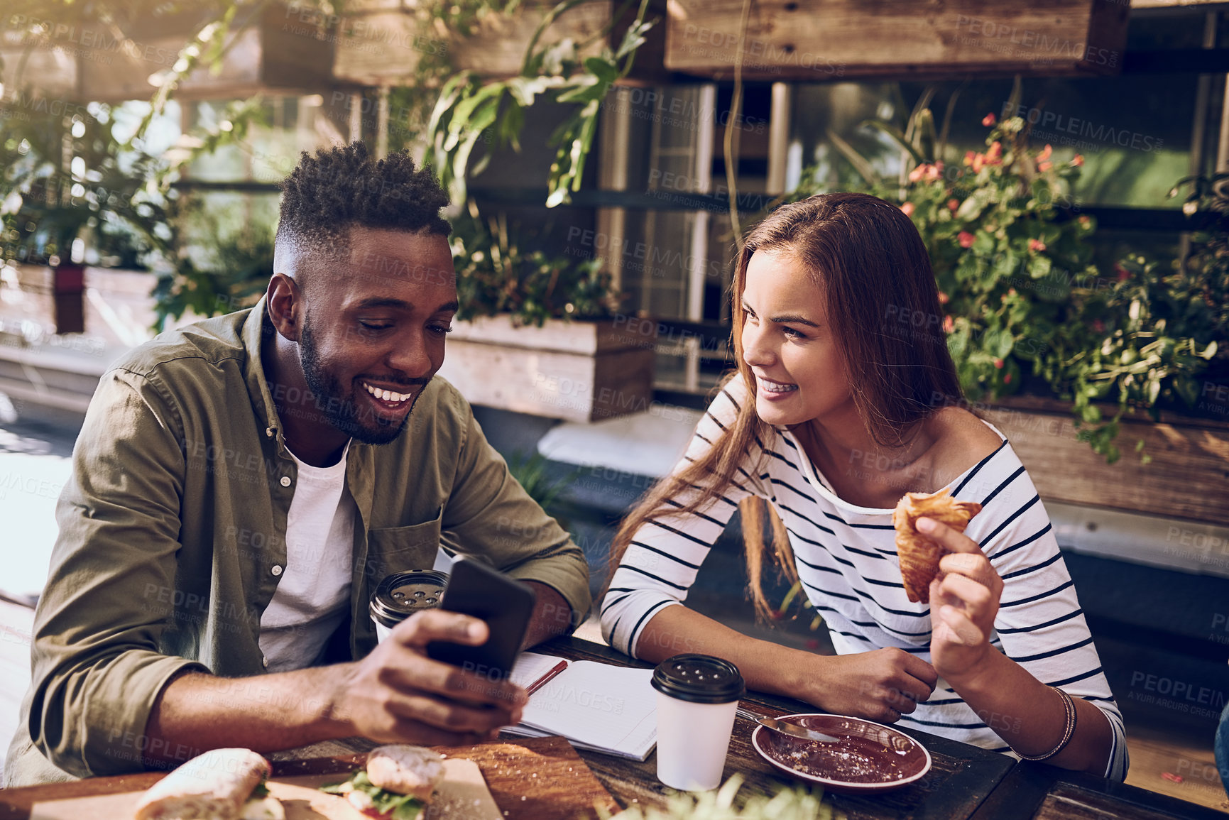 Buy stock photo Restaurant, happy and friends laugh with phone for social media, mobile app and online website. Coffee shop, communication and black man and woman bonding on smartphone for meme, humor and internet