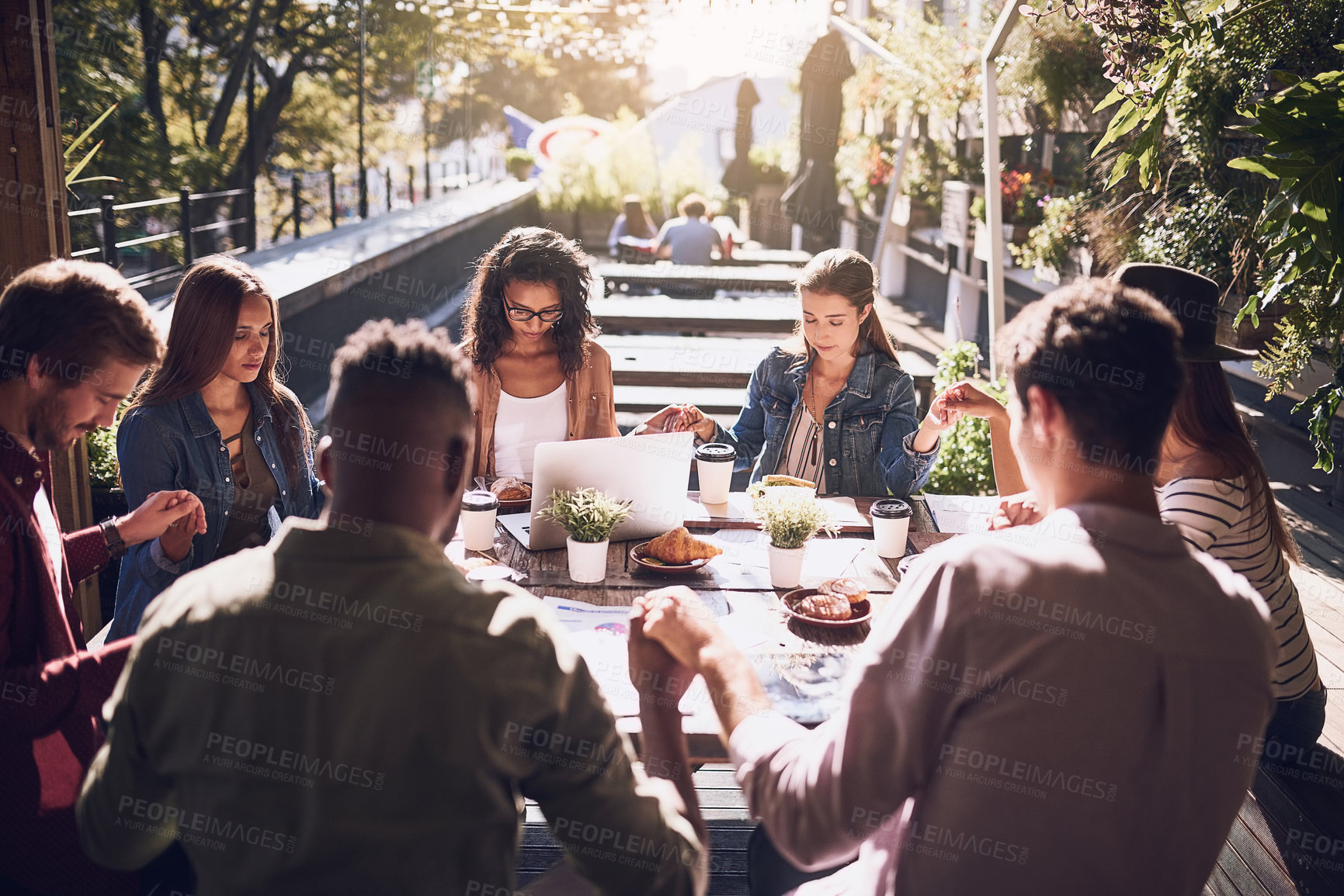 Buy stock photo Holding hands, business and group with prayer for food, finance planning and budget documents of teamwork. Staff, thanks and meeting with paperwork, graphs and profit worship for accounting at cafe