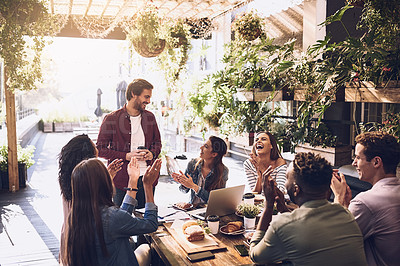 Buy stock photo Applause, restaurant and business people in lunch meeting for discussion, planning and profit goal. Cafe, teamwork success and men and women clapping for winning, collaboration and achievement