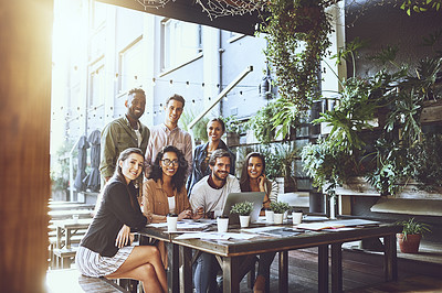 Buy stock photo Portrait of a group of colleagues having a meeting at a cafe