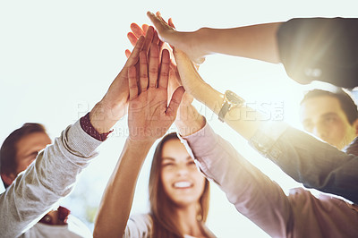 Buy stock photo Business people, hands and high five in meeting for winning, success or unity in collaboration outdoors. Group touching hand for team building agreement, victory or solidarity together in nature