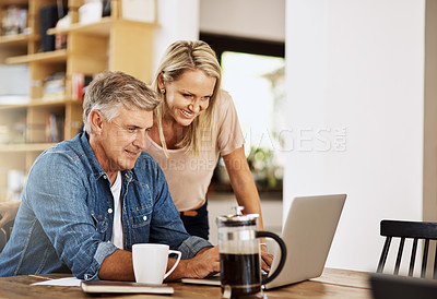 Buy stock photo Happy couple, laptop and life insurance research at home with happiness and computer. Email, online banking and reading of a woman and man together in a house planning finance budget for retirement 