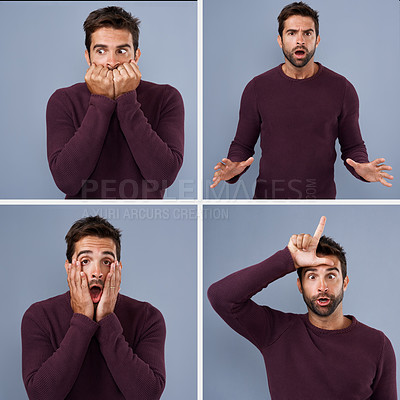 Buy stock photo Composite shot of a young man expressing different types of facial expressions inside of a studio