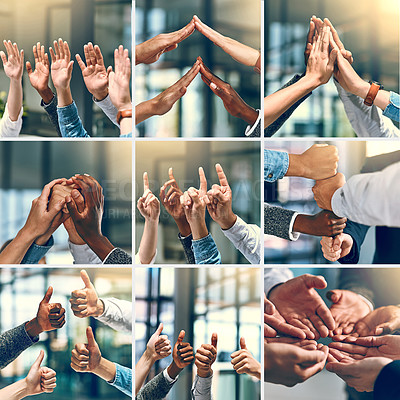 Buy stock photo Composite shot of a group of unrecognizable people putting up their hands and using different types of gestures inside of a office
