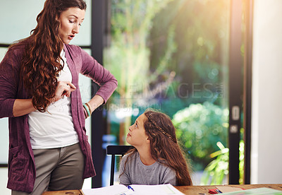 Buy stock photo Mother, child and scolding for help with homework, studying and learning in home school project. Girl, mom and teaching kid for education development, knowledge or listening for discipline in lesson