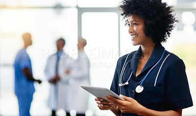 Buy stock photo Nurse, medical professional and healthcare worker with tablet and afro feeling happy after checking positive test result reports on technology. Smiling and friendly doctor ready to help in hospital