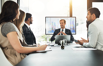 Buy stock photo Business people, meeting and discussion with data on screen for hr metrics review, insights and planning. Leader, talking and human resource analytics for employee performance and profit management.