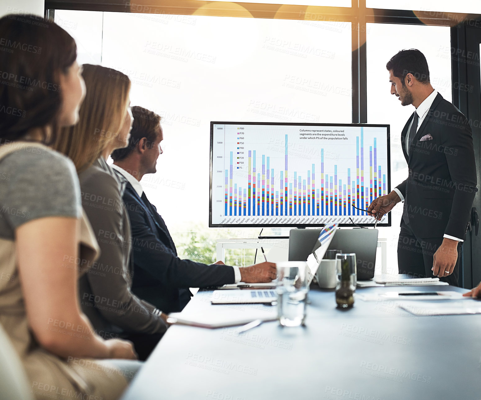 Buy stock photo Businessman, people and presentation with graphs on screen for user personas, customer insights and feedback or income levels. Team, data and discussion of client demographics and product management.