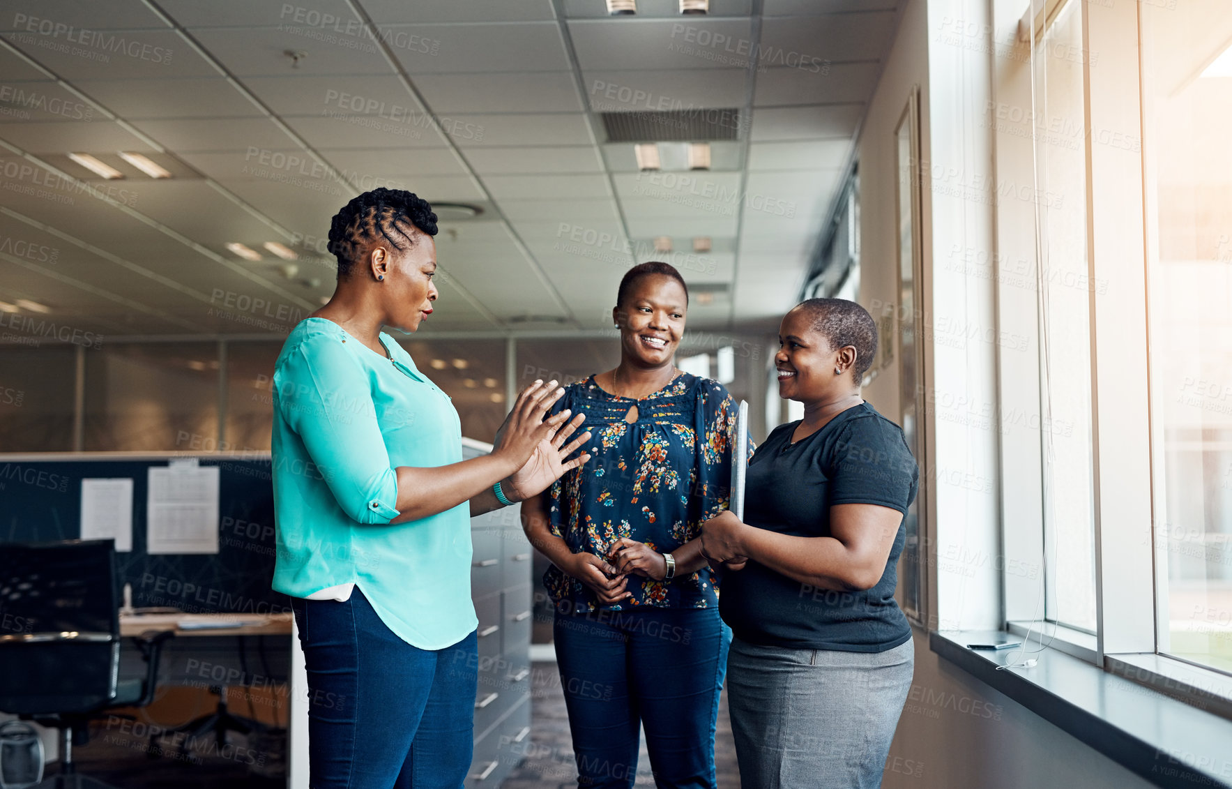 Buy stock photo Office, chat and business people with smile in communication for teamwork, planning and coaching. Happy, employees and black women with conversation at work for administration, training and support