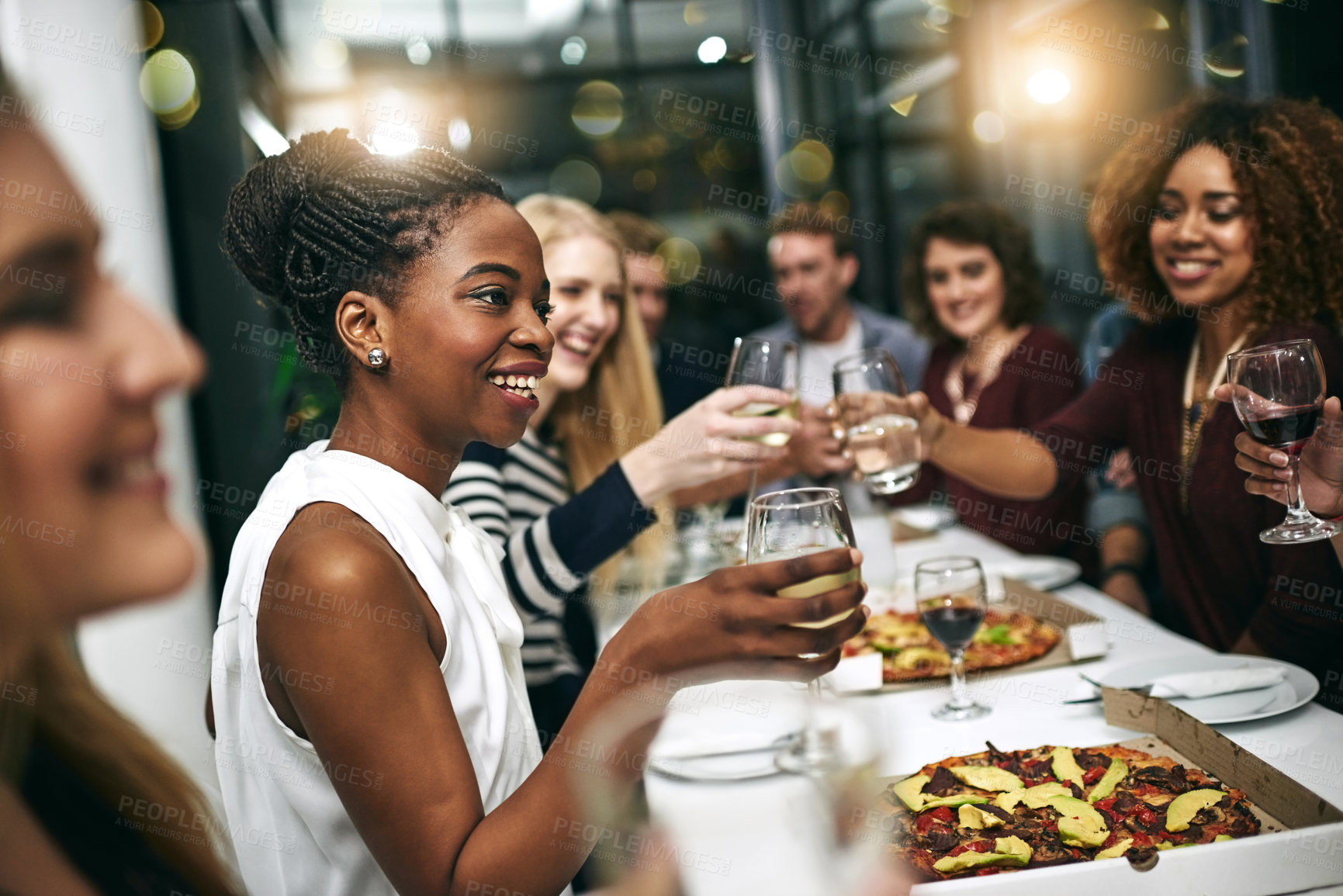Buy stock photo Diversity, dinner and group of people toast celebration together at party. Friends, happy and celebrate with food, wine and friendship for love, support and cheers champagne at business function 
