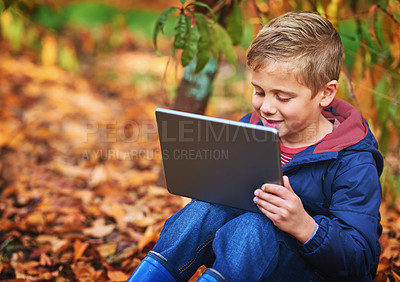 Buy stock photo High angle shot of an adorable little boy using a tablet while sitting outdoors during autumn