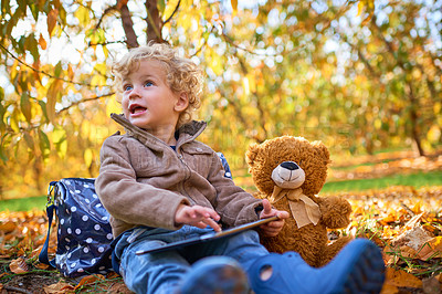 Buy stock photo Cropped shot of an adorable little boy using his tablet while sitting outdoors during autumn