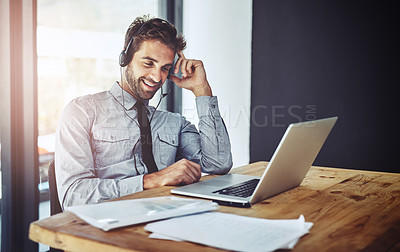 Buy stock photo Happy businessman, laptop and call center in customer support or financial advice at the office. Friendly man person, consultant or agent talking on headset for online consulting service at workplace
