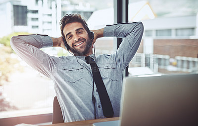 Buy stock photo Businessman, relax and portrait smile in call center for customer service, support or telemarketing break at office. Happy man person, consultant or agent smiling and relaxing with hands on head