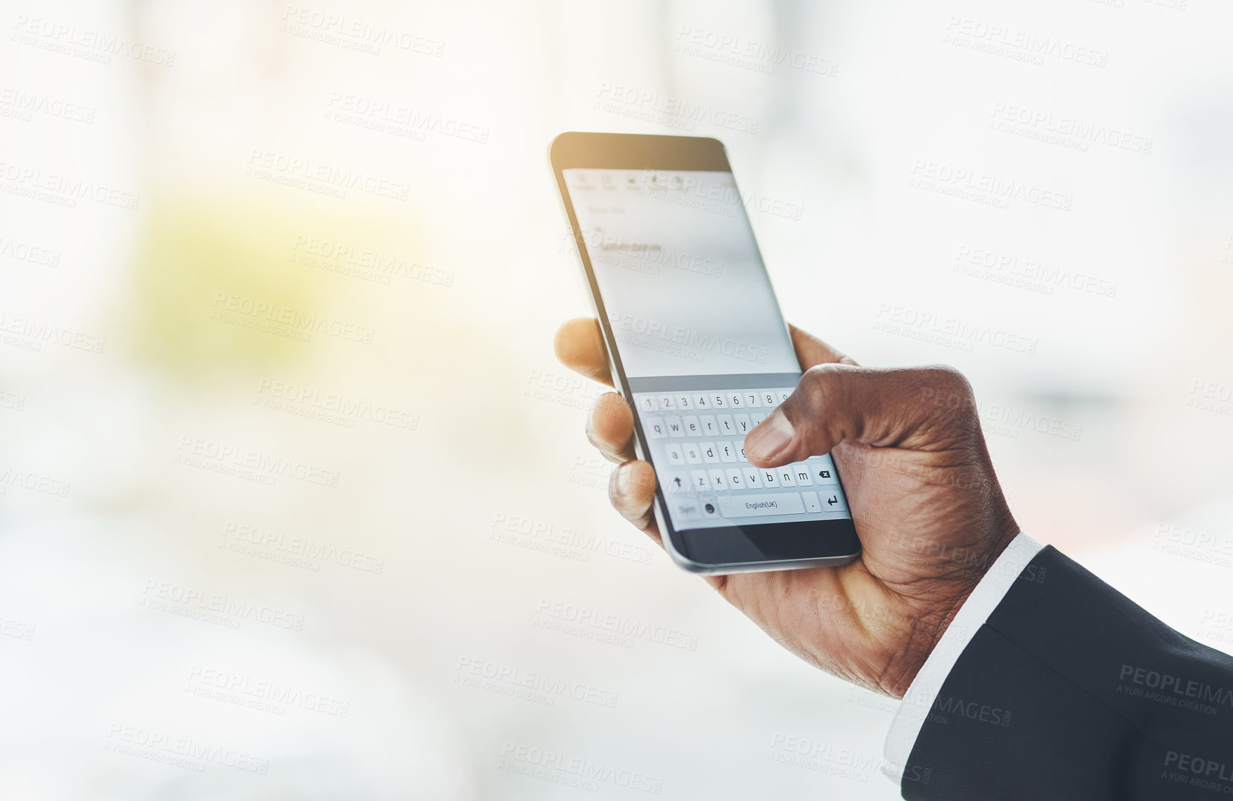 Buy stock photo Business person, hands and typing with phone screen for communication, research or notes at office. Closeup of employee texting, browsing or chatting on mobile smartphone display for app or website