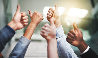Buy stock photo Thumbs up, winner and support with hands of business people in office for agreement, yes and teamwork like. Emoji, success and community with group of employees for goals, thank you and motivation