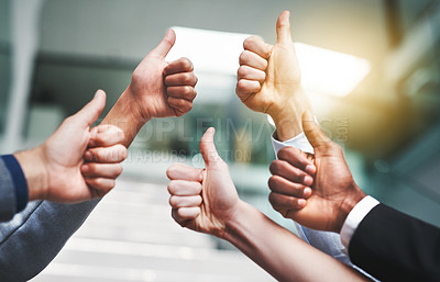 Buy stock photo Thumbs up, agreement and hands with like of business people in office for success, yes and teamwork. Emoji, support and community with group of employees for goals, thank you and motivation