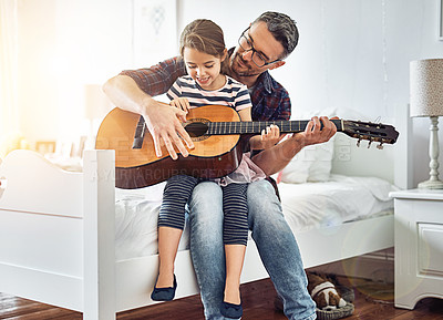 Buy stock photo Bedroom, teaching and guitar with father, girl for fun with music at the house for bonding. Instrument, acoustic and learning with parent, child in room with happiness or love or creativity at house.