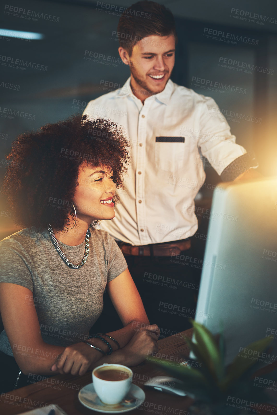 Buy stock photo Man, woman and computer at night office with information, research and teamwork for project management. People, collaboration and pc for support of planning, ideas and overtime proposal solution 
