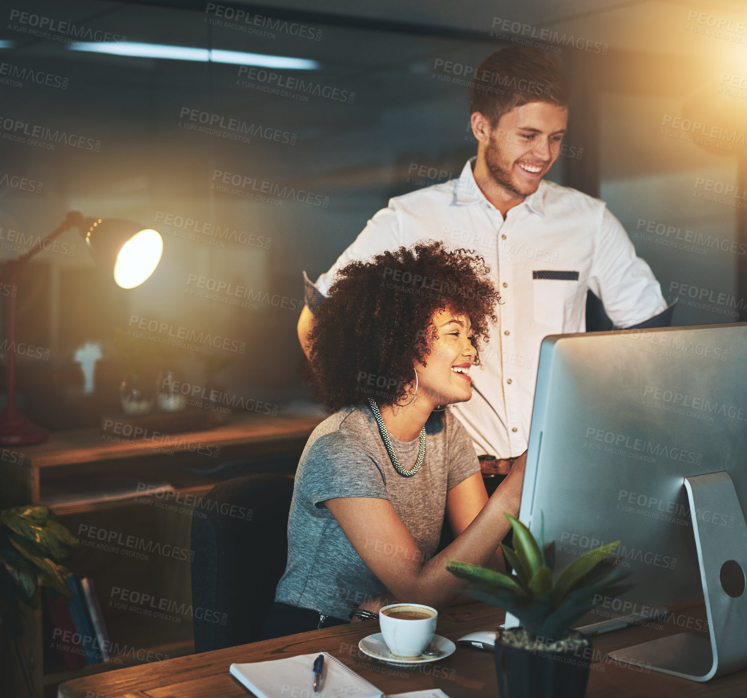 Buy stock photo Smile, woman and man on computer at night office for information, research and collaboration for project management. People, mentor and pc with planning, support and overtime for proposal solution