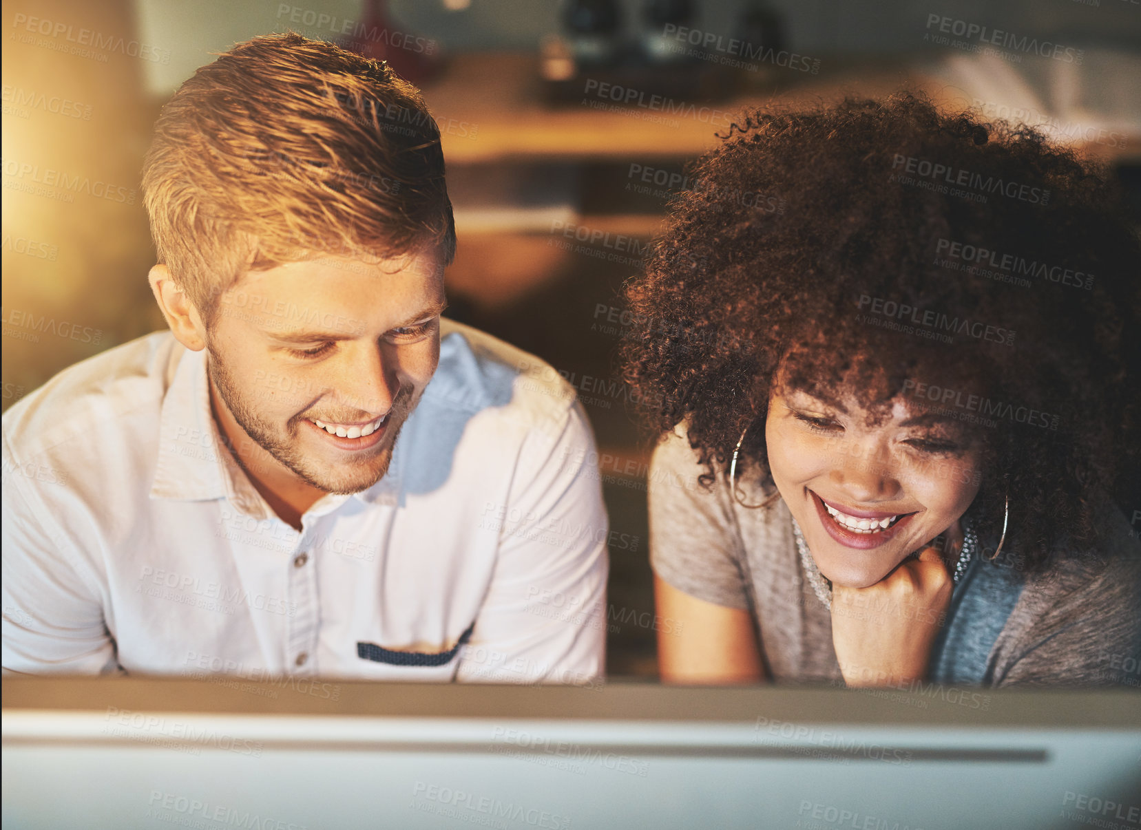 Buy stock photo Night, woman and man on computer in office for information, research and collaboration for project management. People, mentor and pc with planning, support and overtime for proposal solution