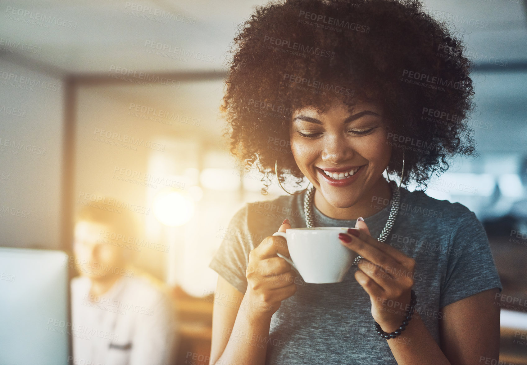 Buy stock photo Happy, business woman and afro with coffee at office in morning routine, caffeine or beginning. Young female person or creative employee with smile for breakfast beverage, cup or startup at workplace