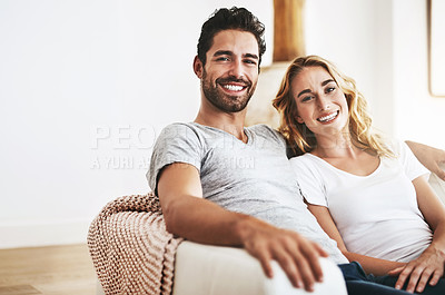 Buy stock photo Smile, portrait or happy couple in home bonding or smiling with trust, commitment or loyalty together. Relax, lovers or woman enjoys quality time with a romantic man on holiday weekend break 