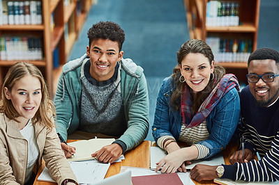 Buy stock photo Students, group and portrait with books for education, research and happy for learning at college. Man, girl and friends with reading for collaboration, support or diversity for knowledge at campus