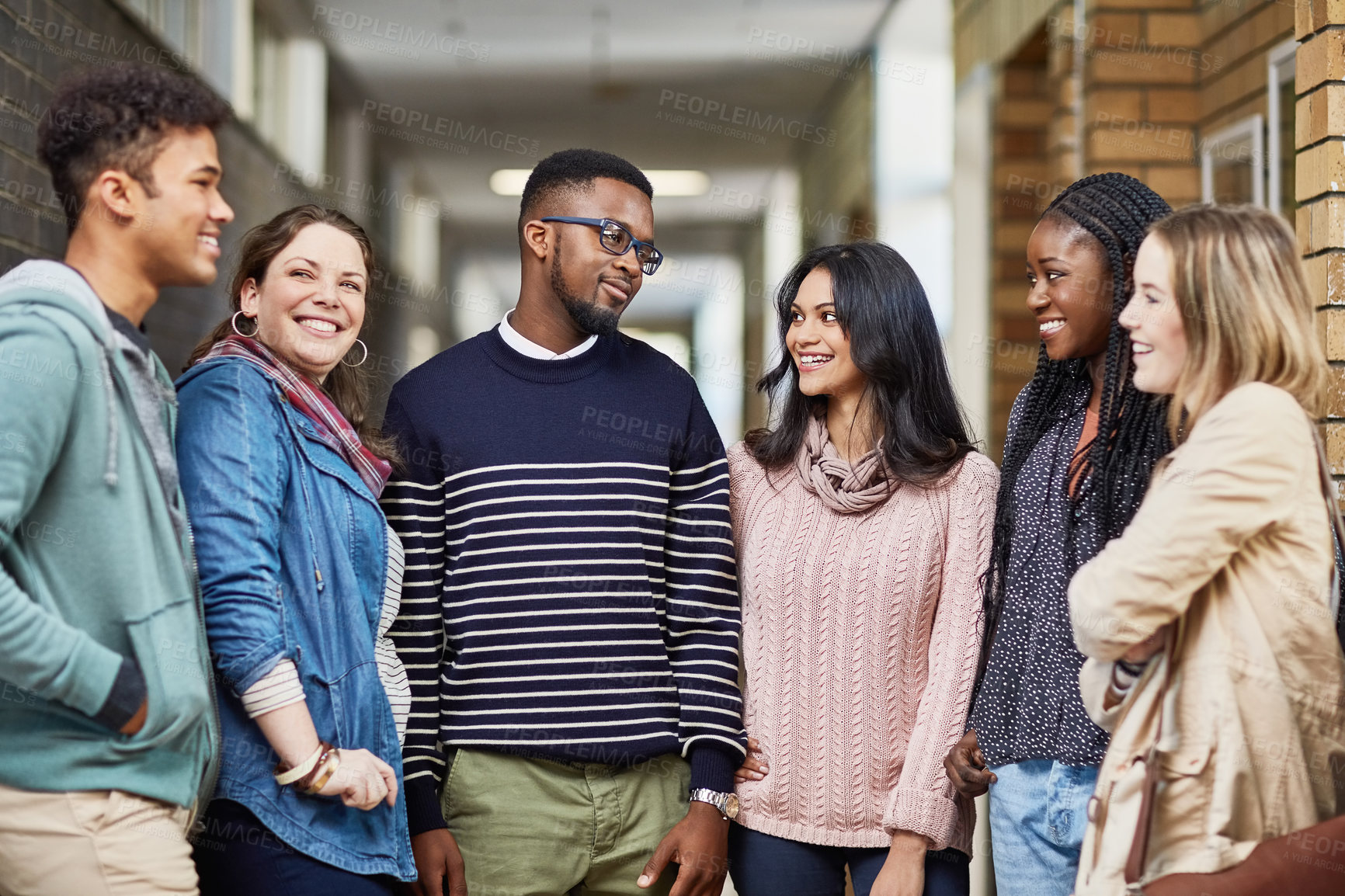 Buy stock photo Break, corridor and students in university talking for learning, research study and school education. Diversity, college and happy friends at campus speaking for collaboration, support or development