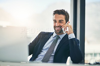 Buy stock photo Happy, businessman and phone call with laptop for consulting, finance or conversation at office. Man, employee or financial advisor talking on mobile smartphone in discussion on trading or investment