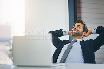 Buy stock photo Businessman, stretching and smile for relax, digital information and online report email feedback. Corporate manager, tech and happy with app, article search or website for project complete in office