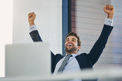 Buy stock photo Laptop, success and winner with business man in office for celebration or achievement, goal or target. Computer, smile and success with happy young employee cheering for career bonus or promotion