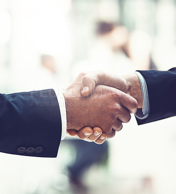 Buy stock photo Shaking hands, greeting and business men in office with b2b deal, collaboration or agreement. Professional, meeting and professional lawyers with handshake for partnership or welcome in workplace.