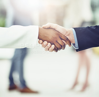 Buy stock photo Handshake, meeting and business people in office with deal, collaboration or b2b agreement. Corporate, partnership and professional hr shaking hands with candidate for onboarding in workplace.