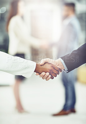 Buy stock photo Handshake, team and business people in office with agreement, b2b deal or collaboration. Teamwork, meeting and professional lawyers shaking hands for greeting, onboarding or welcome in workplace.