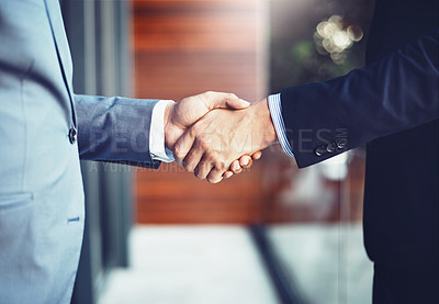 Buy stock photo Handshake, partnership and business men in office with b2b deal, collaboration or agreement. Congratulations, meeting and professional male lawyers shaking hands for greeting or welcome in workplace.