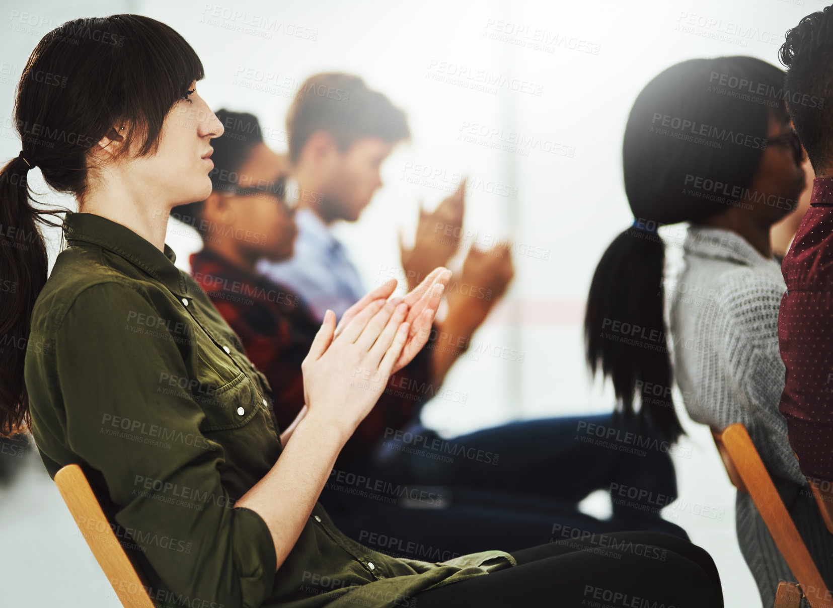 Buy stock photo Shot of a group of businesspeople clapping their hands during a presentation in a conference room