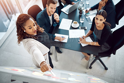 Buy stock photo Business people, whiteboard and sticky notes for ideas in office, plan and boardroom for progress. High angle, mentor and talk to employees on productivity in workplace, meeting and brainstorming