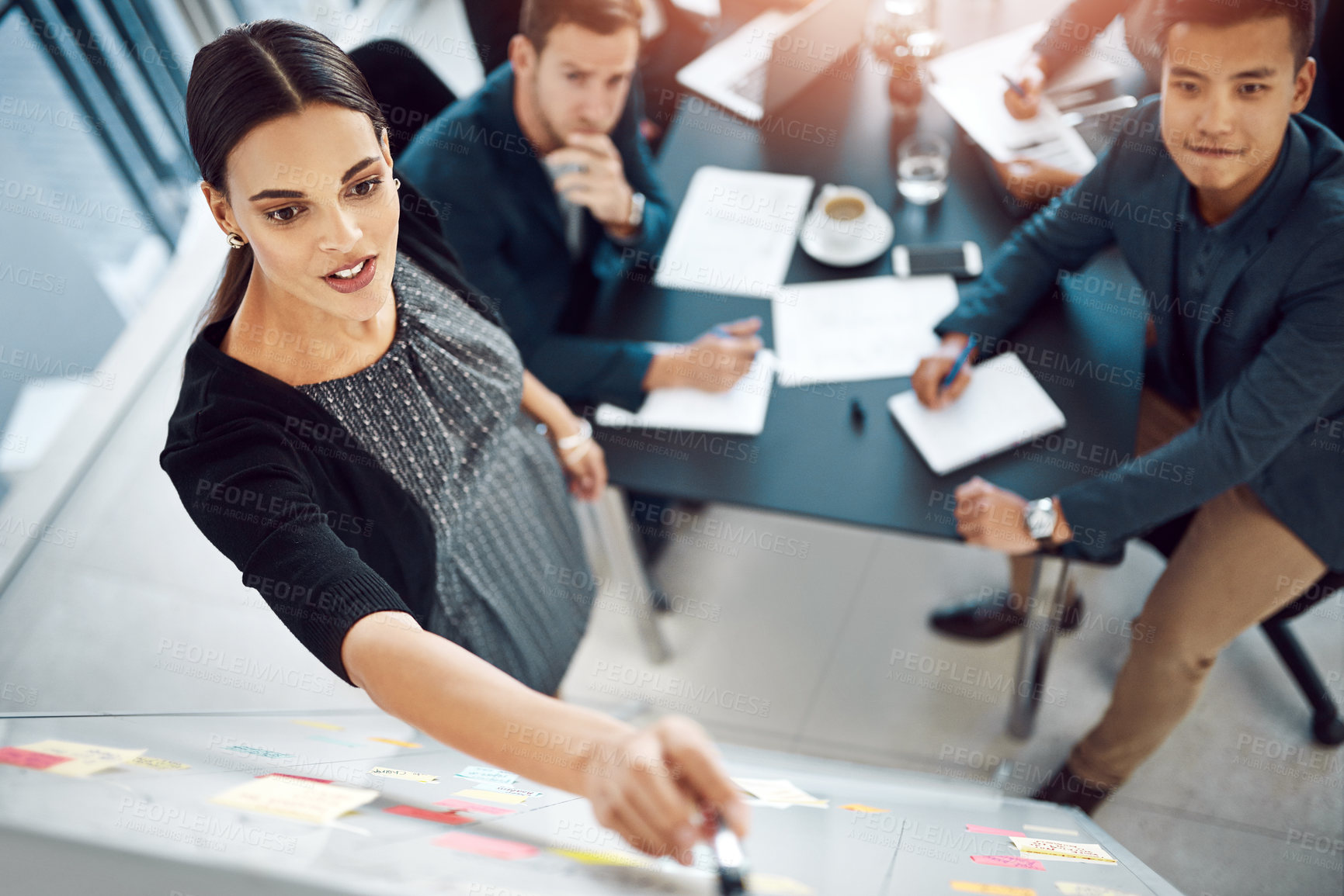 Buy stock photo Idea, planning and business people in meeting in office for brainstorming, discussion and coworking. Creative company, startup and workers writing on sticky notes for teamwork, research and project