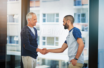 Buy stock photo Businessman, meeting and handshake with colleague for agreement, partnership or deal at office. Man shaking hands with employee in thank you for b2b, teamwork or collaboration together at workplace