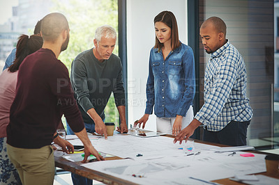 Buy stock photo Business people, architect and discussion in meeting with blueprint for building project, brainstorming or diversity. Architecture, employees or collaboration with paperwork in boardroom for proposal