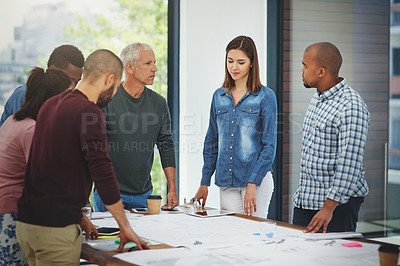Buy stock photo Business people, architect and planning in meeting with blueprint for building project, brainstorming or diversity. Architecture, employees and collaboration with discussion in boardroom for proposal