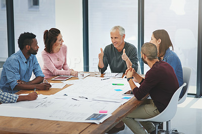 Buy stock photo Business people, architect and discussion in meeting with blueprint for building design, brainstorming or planning. Architecture, employee or collaboration with floor plan in boardroom with diversity