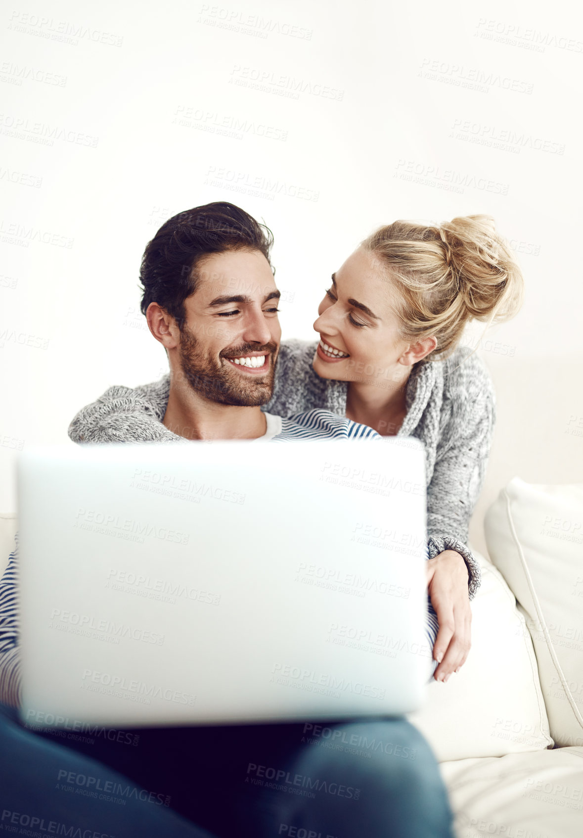 Buy stock photo Happy couple, talking or laptop for choice, ecommerce or movie streaming online on couch in living room. Technology, internet or people on social network app on digital website or touchscreen in home